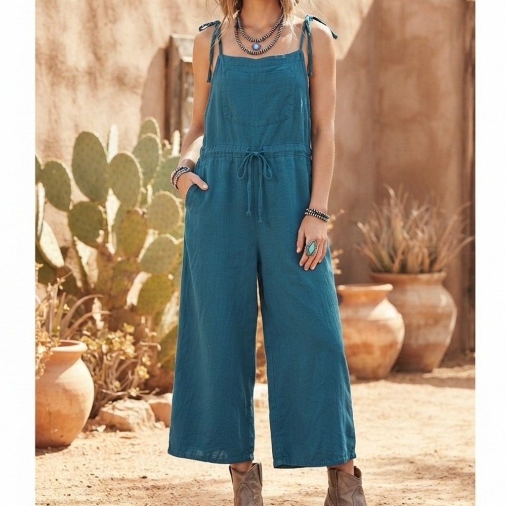 oversized cotton wide leg cropped overalls Jumpsuit Teal 2x boho coastal western